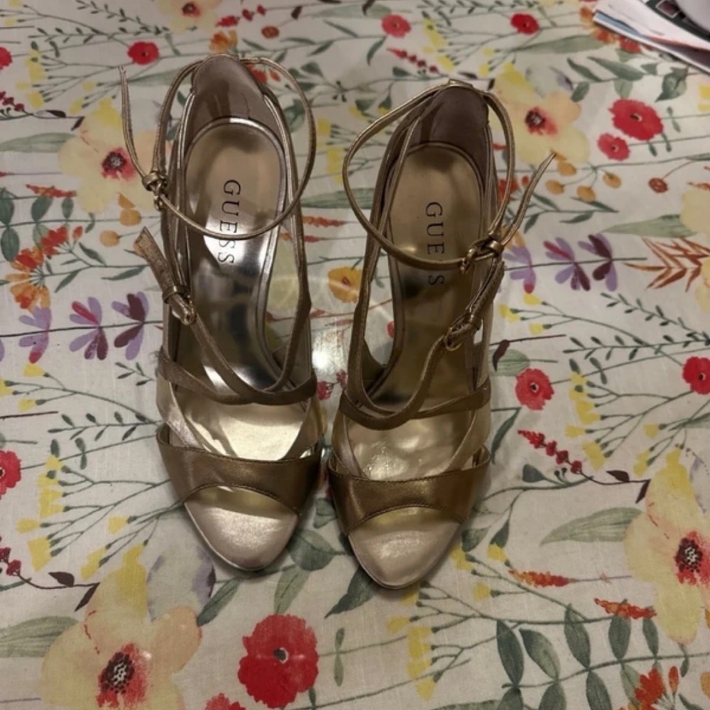 GUESS Metallic Gold Strappy Ankle-Tie Heels